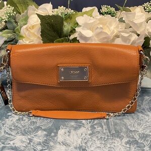 DKNY Cognac Leather Clutch with Chain Strap
